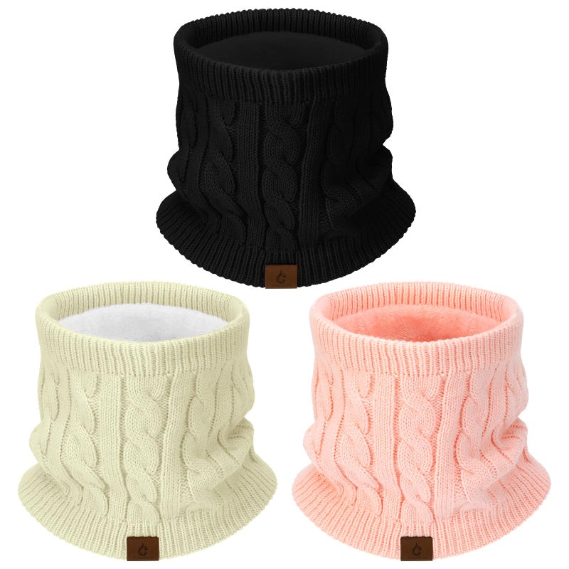 Goocoz Mens Scarf Winter Neck Gaiters 3PCS, Knit Neck Warmer with Thick Fleece Lining Scarves, Cold Weather Gear for Men Ski, Black/White/Pink, M - Image 1
