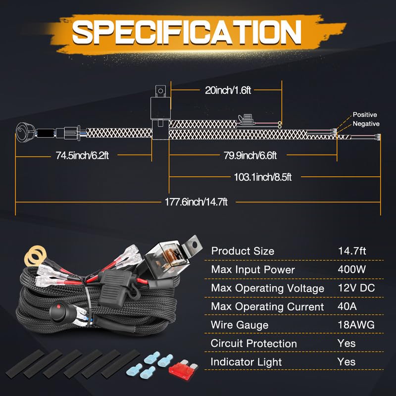 Niking Auto Wiring Harness 2 Lead, Niking Auto Wiring Harness Kits for LED Light Bar Fog Light Work Light 12V 40A Rock Switch Relay Fuse Nylon Heavy Duty Wire Kits Offroad LED Pods Wire Kit for Truck UTV ATV Boat - Image 2