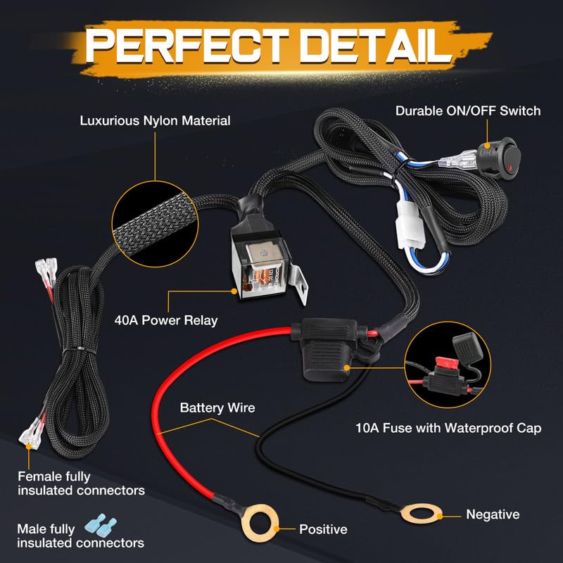 Niking Auto Wiring Harness 2 Lead, Niking Auto Wiring Harness Kits for LED Light Bar Fog Light Work Light 12V 40A Rock Switch Relay Fuse Nylon Heavy Duty Wire Kits Offroad LED Pods Wire Kit for Truck UTV ATV Boat - Image 3