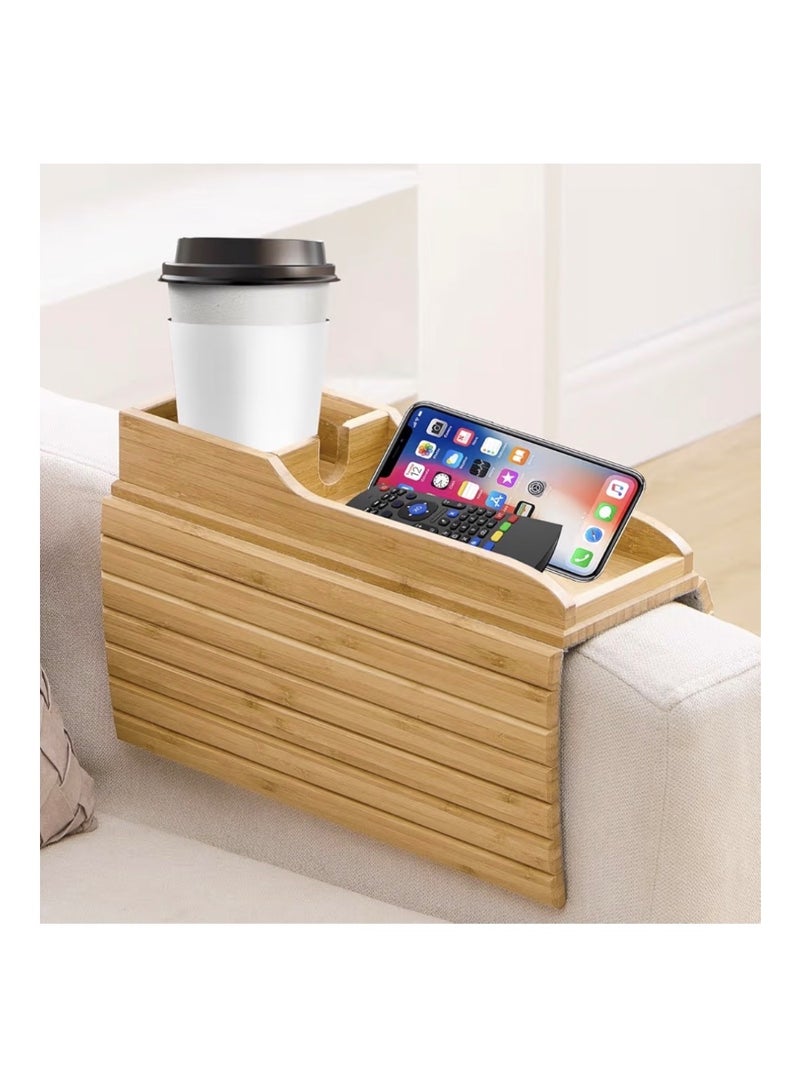 Exrp Couch Cup Holder, Anti Falling Couch Drink Holder, Natural Bamboo Sofa Cup Holder Armrest Tray, Portable Couch Arm Tray Table for Remote/Snacks/Cellphone/Drinks/Cup - Image 1