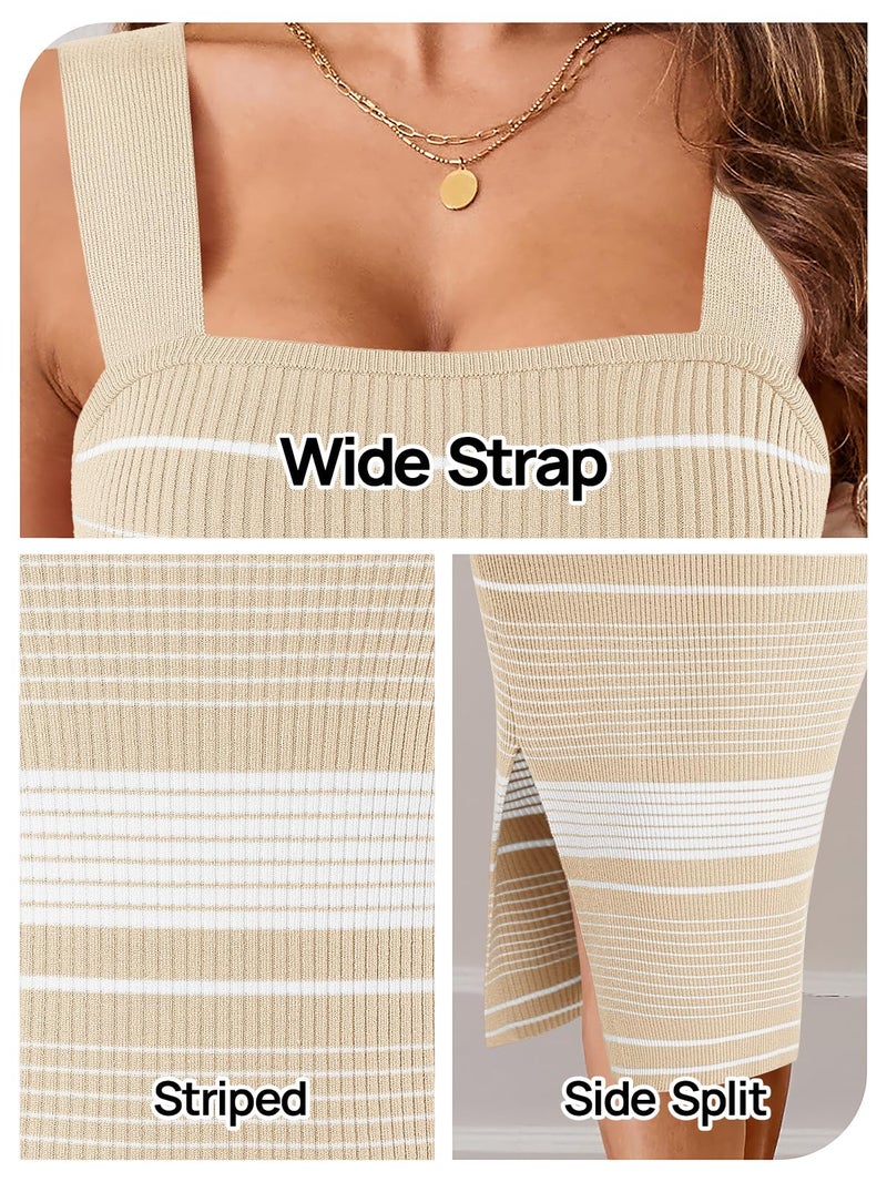 MEROKEETY Womens Summer Spring Bodycon Midi Dress 2026 Beach Vacation Sleeveless Striped Tank Ribbed Knit Sweater Dresses, NewBeige, S - Image 5