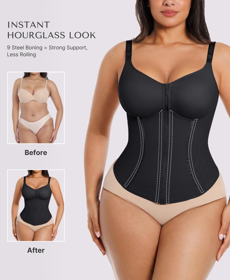 SHAPELLX Corset Tops for Women Waist Trainer Belly Fat Shapewear Tummy Control Waist Cincher Faja Body Shaper with Adjustable Straps Black - Image 3