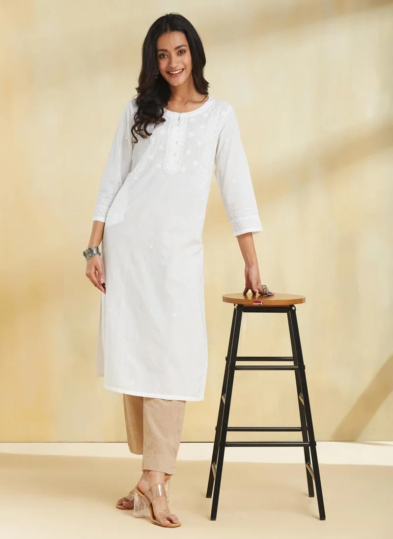 Fabindia White Cotton Chikankari Long Kurta