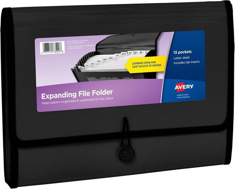 AVERY Expanding File Folder Organizer, 13-Pocket Accordion File Organizer, Black, Holds 425 Letter/A4-Size Sheets (73553) - Image 1