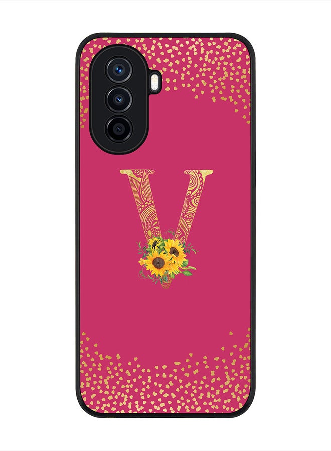Stylizedd Rugged Black Edge case for Huawei nova Y71, Slim fit Soft Case Custom Monogram Initial Letter Mandala Floral Pattern Alphabet-V (Dark Pink Rose) - Image 1