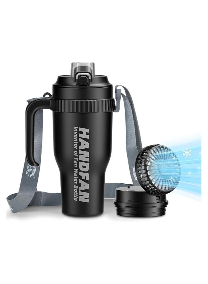 HandFan 40 oz Tumbler with Handle and Strap | Leakproof Insulated Tumbler with Lid and Straw | Reusable Stainless Steel Water Bottle | Cup Holder Friendly Travel Mug with 5000mAh Portable Fan (Black) - Image 1