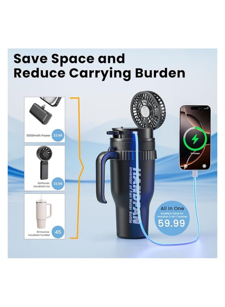 HandFan 40 oz Tumbler with Handle and Strap | Leakproof Insulated Tumbler with Lid and Straw | Reusable Stainless Steel Water Bottle | Cup Holder Friendly Travel Mug with 5000mAh Portable Fan (Black) - Image 2