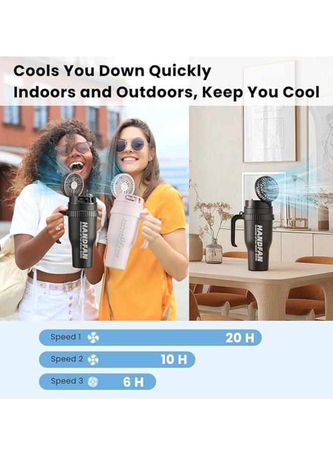 HandFan 40 oz Tumbler with Handle and Strap | Leakproof Insulated Tumbler with Lid and Straw | Reusable Stainless Steel Water Bottle | Cup Holder Friendly Travel Mug with 5000mAh Portable Fan (Black) - Image 4