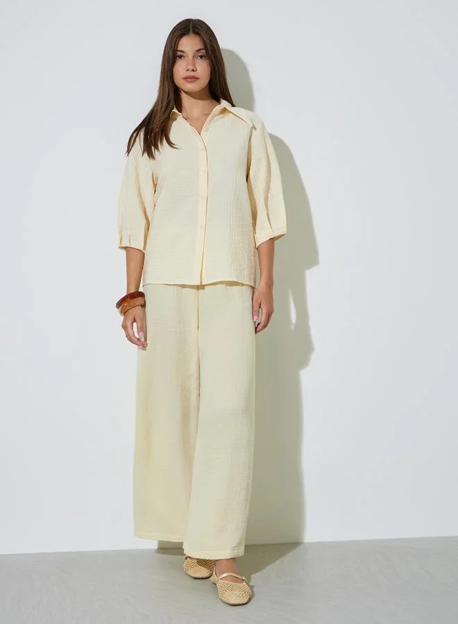 Styli Yellow 3/4 Sleeve Textured Casual Shirt