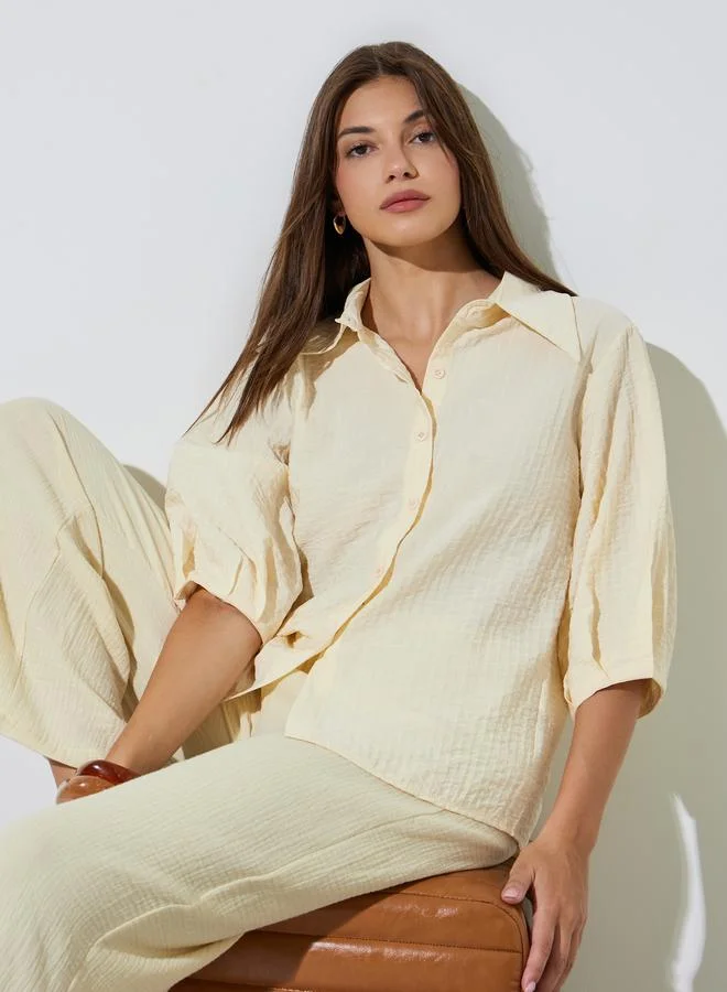 Styli Yellow 3/4 Sleeve Textured Casual Shirt