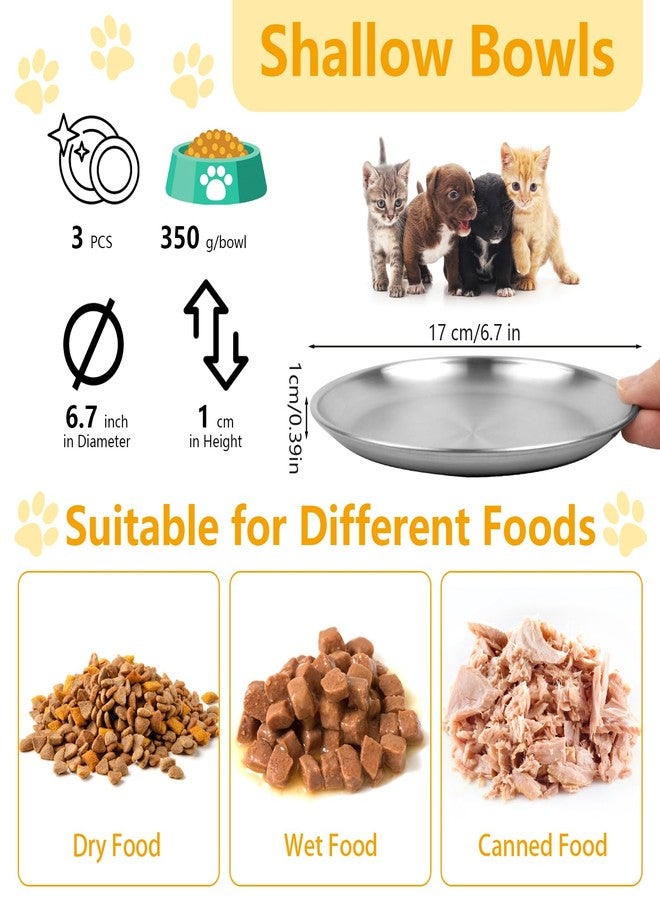 Mkobon 3 PCS Stainless Steel Cat Food Bowl Dish, 6.7" Shallow Flat Wide Cat Plates for Wet Food, Relief Whisker Fatigue, Removable Non-Slip Silicone Base, Replacement for Feeding Small Pet Kitten - Image 2