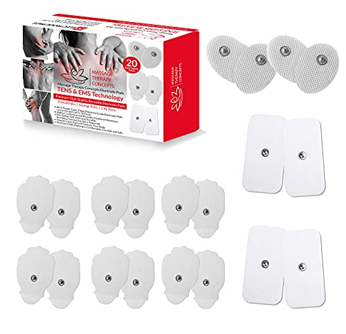 Massage Therapy Concepts TENS Unit Pads - Premium Quality Snap Replacement Electrodes for TENS and EMS Electrotherapy - Self Adhesive Reusable Patches up to 30 Times (20 Pads) Combo (S, L, XL) - Image 1