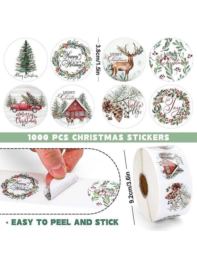 1000Pcs Christmas Stickers 1.5Inch Assorted Round Sticker in Roll Rustic Christmas Tree Wreath Elk Truck Pattern Label Stickers for Xmas Seals Cards Presents Envelopes, 8 Designs - Image 2