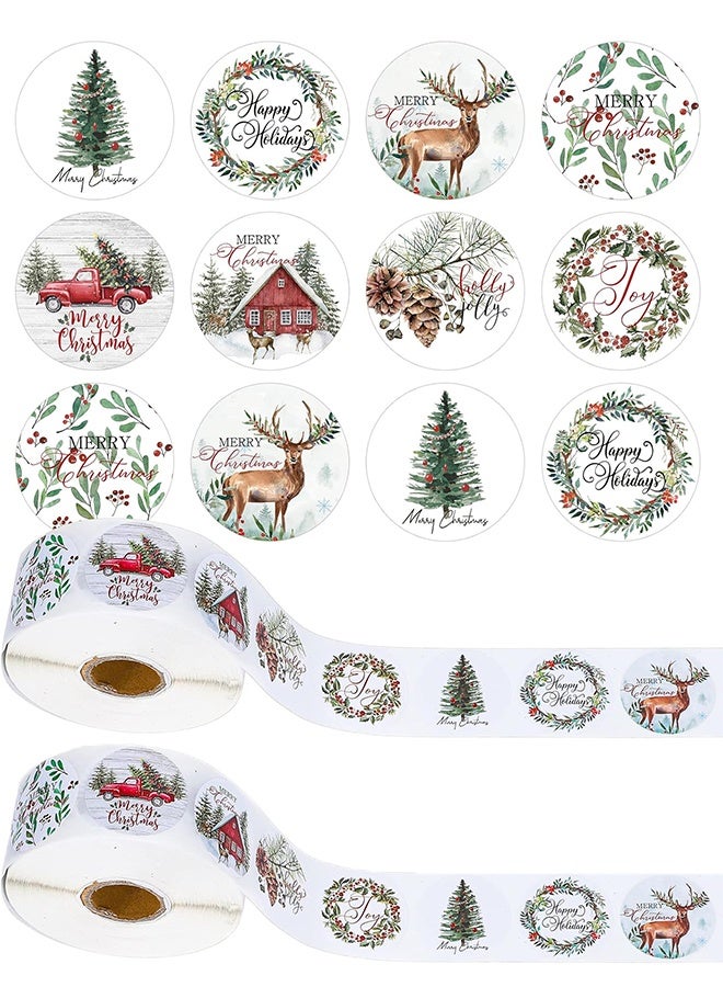 1000Pcs Christmas Stickers 1.5Inch Assorted Round Sticker in Roll Rustic Christmas Tree Wreath Elk Truck Pattern Label Stickers for Xmas Seals Cards Presents Envelopes, 8 Designs - Image 1