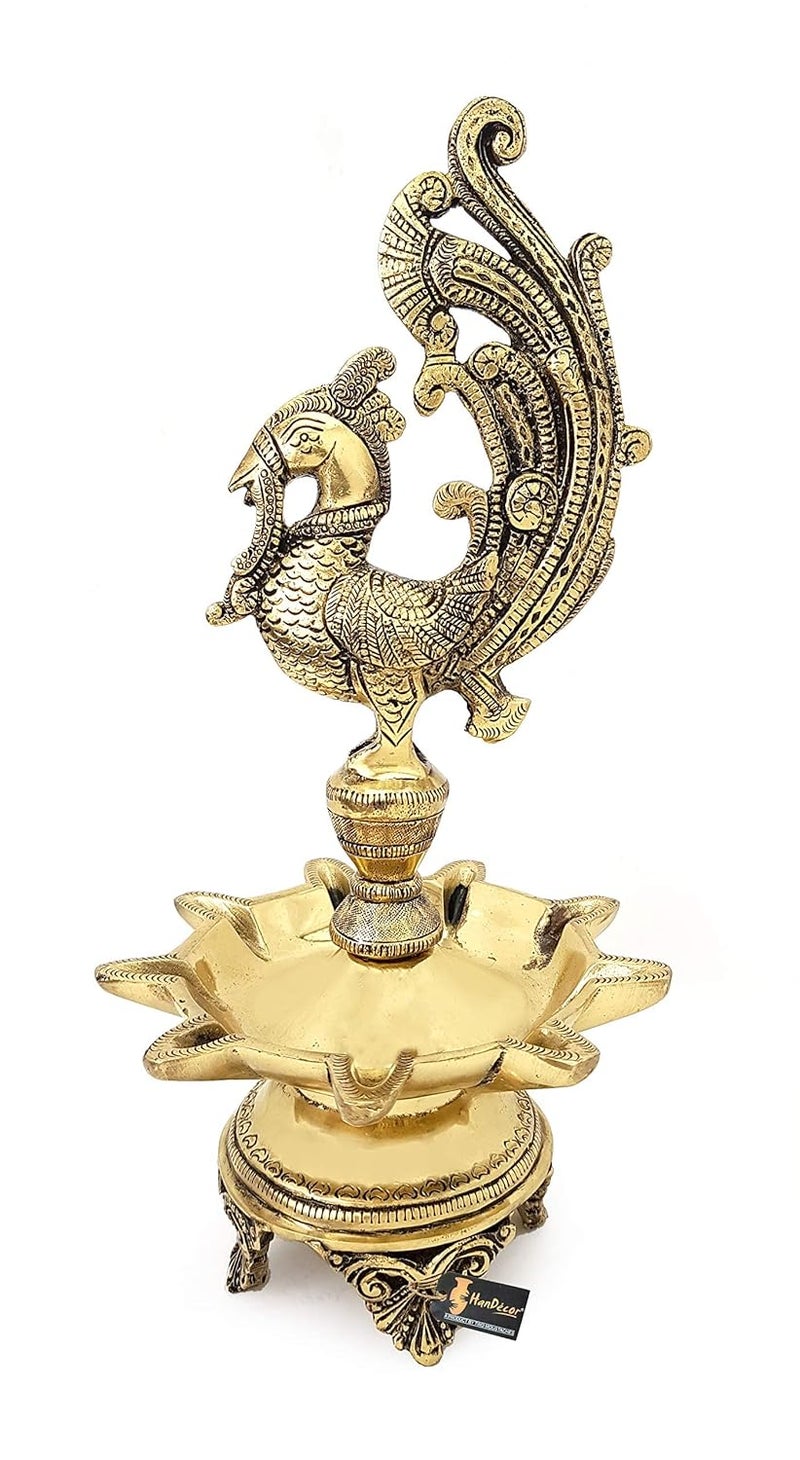 Two Moustaches Peacock Design 9 Oil Wick Brass Diya Diyas for Home Decoration Return Gifts Home Decor Items Housewarming Gifts Diya for Puja Size 11 inches Weight 2 Kg Pack of 1 - Image 2