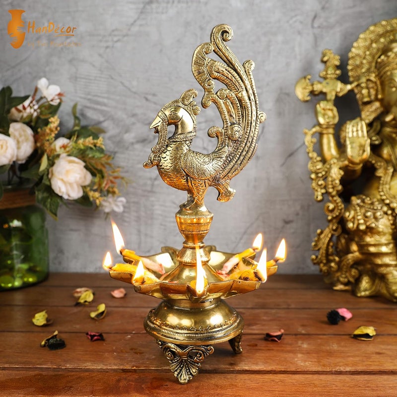 Two Moustaches Peacock Design 9 Oil Wick Brass Diya Diyas for Home Decoration Return Gifts Home Decor Items Housewarming Gifts Diya for Puja Size 11 inches Weight 2 Kg Pack of 1 - Image 1