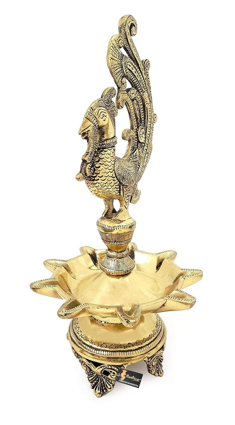 Two Moustaches Peacock Design 9 Oil Wick Brass Diya Diyas for Home Decoration Return Gifts Home Decor Items Housewarming Gifts Diya for Puja Size 11 inches Weight 2 Kg Pack of 1 - Image 3
