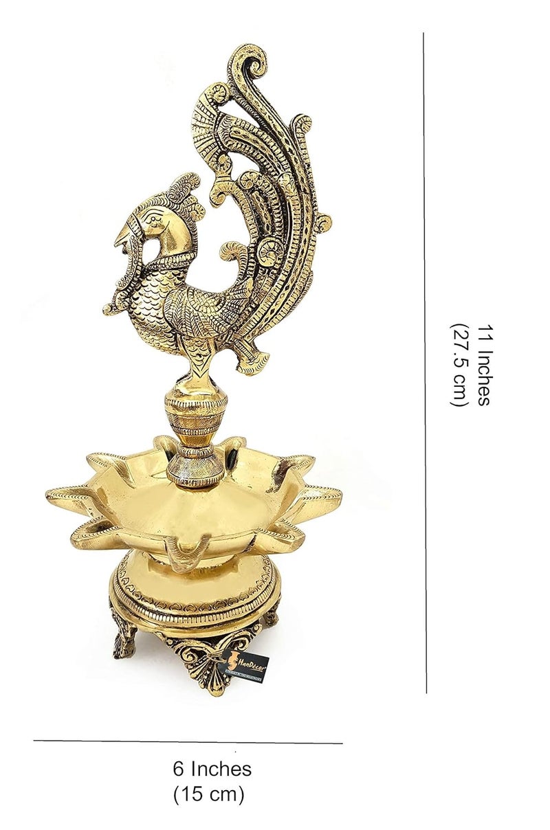 Two Moustaches Peacock Design 9 Oil Wick Brass Diya Diyas for Home Decoration Return Gifts Home Decor Items Housewarming Gifts Diya for Puja Size 11 inches Weight 2 Kg Pack of 1 - Image 5