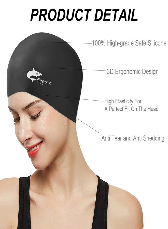 Flintronic Silicone Cover Ears Swimming Caps, Adult Unisex Swim Hat for Long Hair, Hypoallergenic Waterproof Swimming Caps for Kids, Men, Women - Black - Image 3