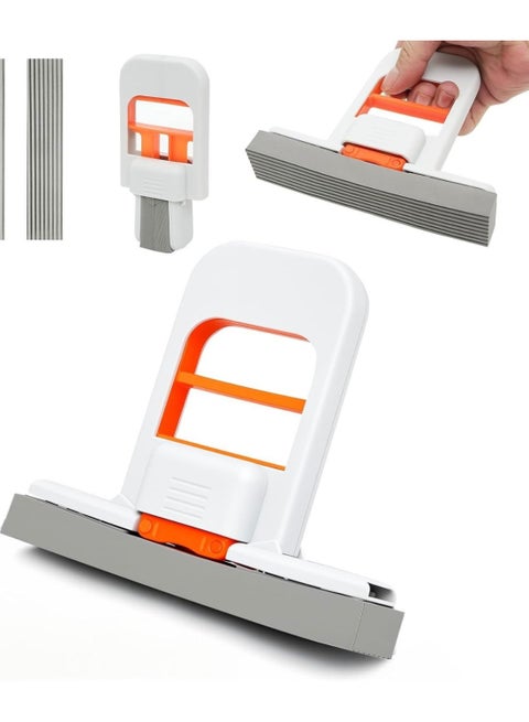 Self Squeezing Mini Mop, Orange Small Sponge Mop, Wet and Dry Use Cleaning System, Foldable Desktop Mop, One-Hand Squeeze Handle and Replaceable Head
