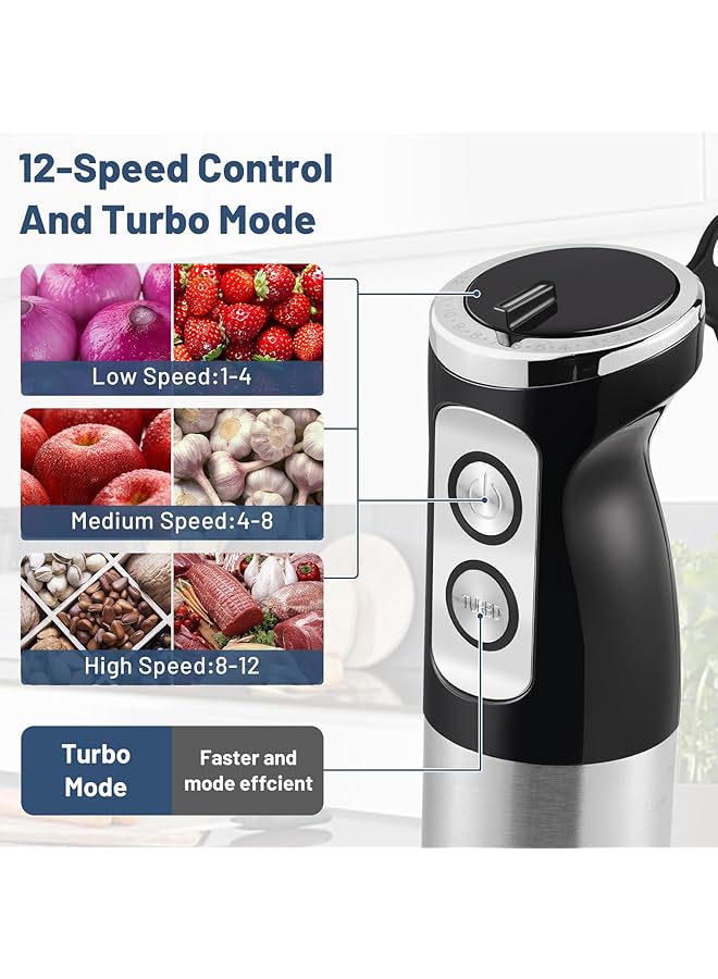 Xoopla Hand Blender 5-In-1 Food Processor Handheld 600W Electric Whisk 304 Stainless Steel Frother, Food Chopper, Measuring Beaker 12 Speed Stick Blender For Kitchen And Food - Image 5