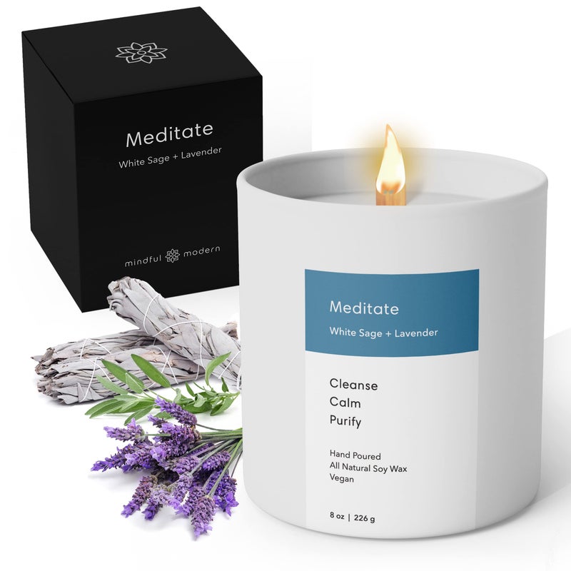 Mindful Modern Natural Meditate Candle  White Sage and Lavender HandPoured Soy Wax Stress Relief  Aromatherapy Candle  Elegant Scented Home Fragrance  Clean Even Longer Burn  8 oz Glass Jar