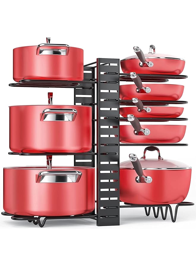 Eesyy Adjustable Pot Pan Organizer Rack Pot Holder Cookware Pot Lid Rack With 3 Diy Methods U Shape Groove 8 Tiers Pan Organizer Holder Black - Image 1