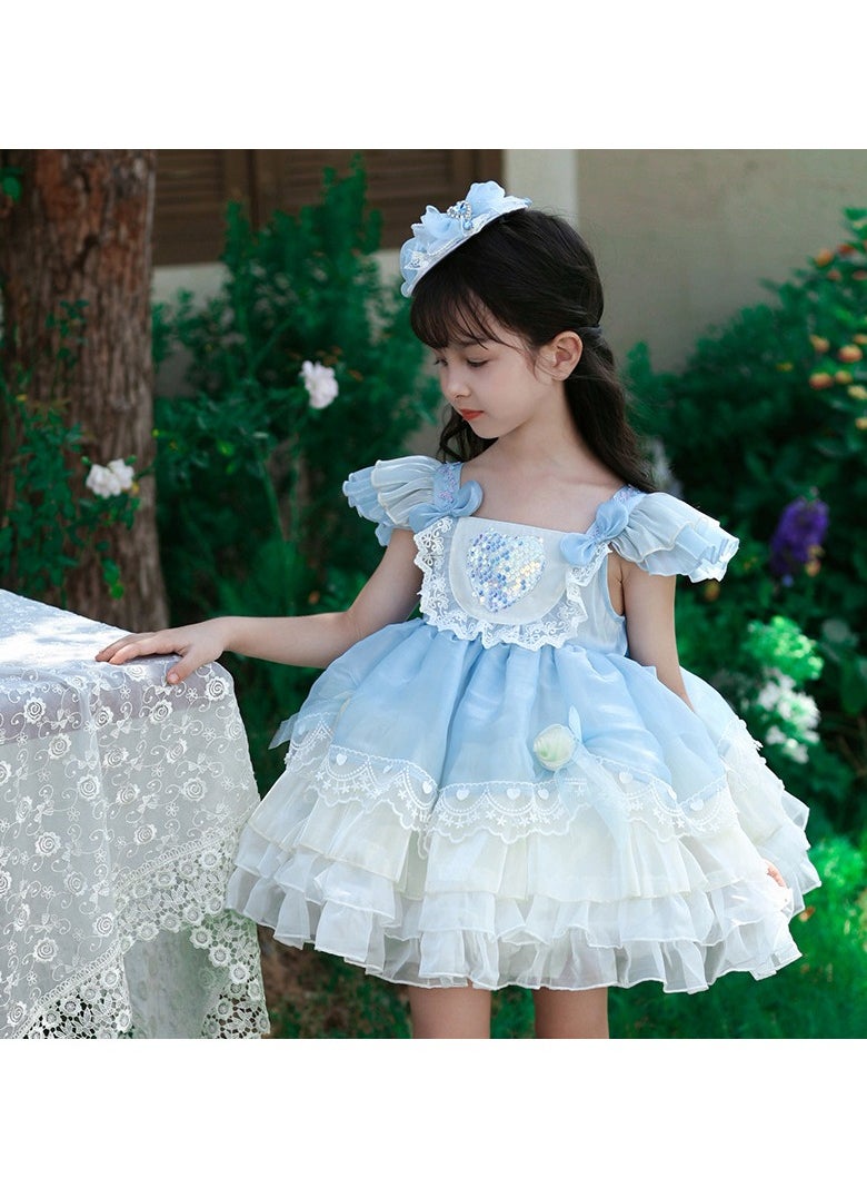 Loquat Girl's Lolita Fluffy Sleeveless Vest Dress Blue/White  - Image 1