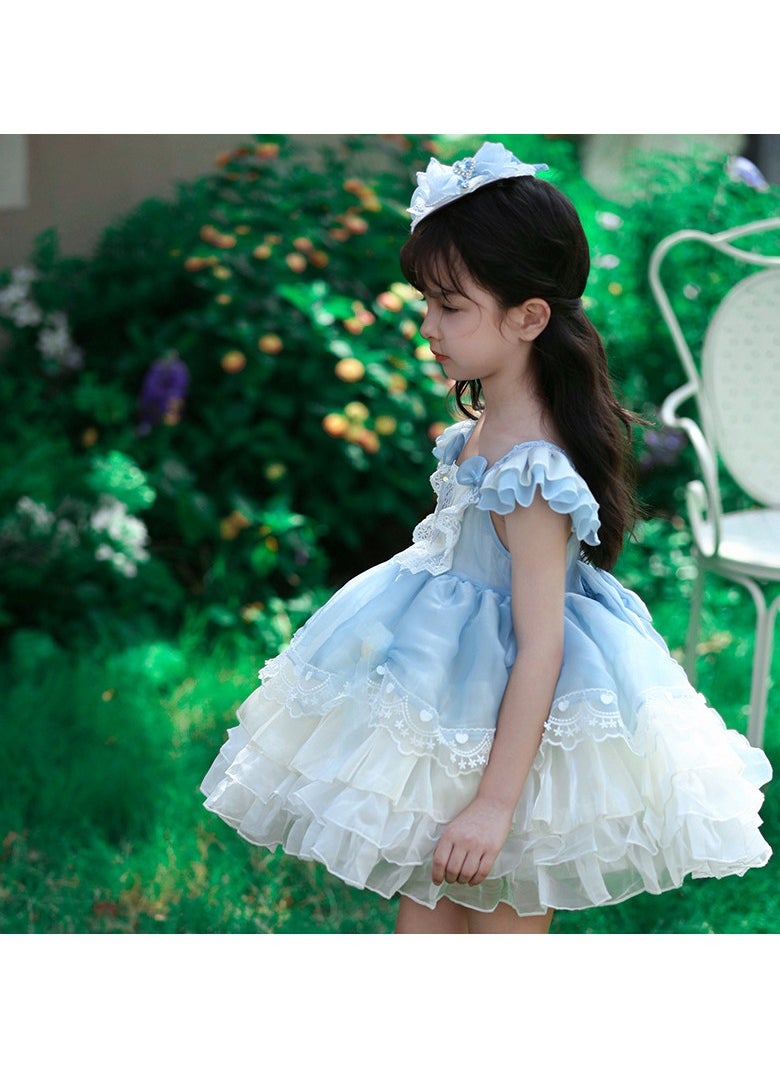 Loquat Girl's Lolita Fluffy Sleeveless Vest Dress Blue/White  - Image 4