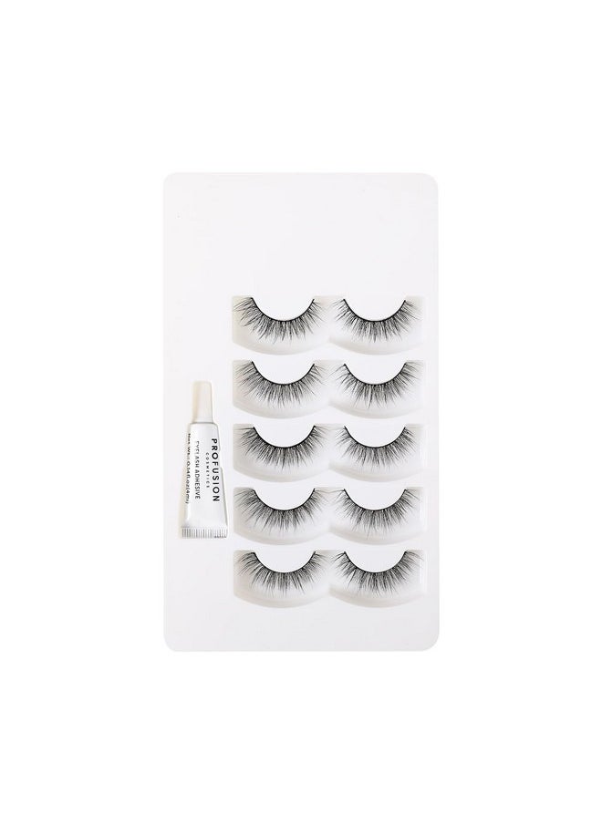 Profusion Cosmetics - Iconic 3D Faux Mink Lash Set Of 5 With Adhesive Cat Eye Lash Wispies Fluffy False Lashes 5 Pairs Soft Reusable Eyelashes Lightweight Natural Wispies - Image 1