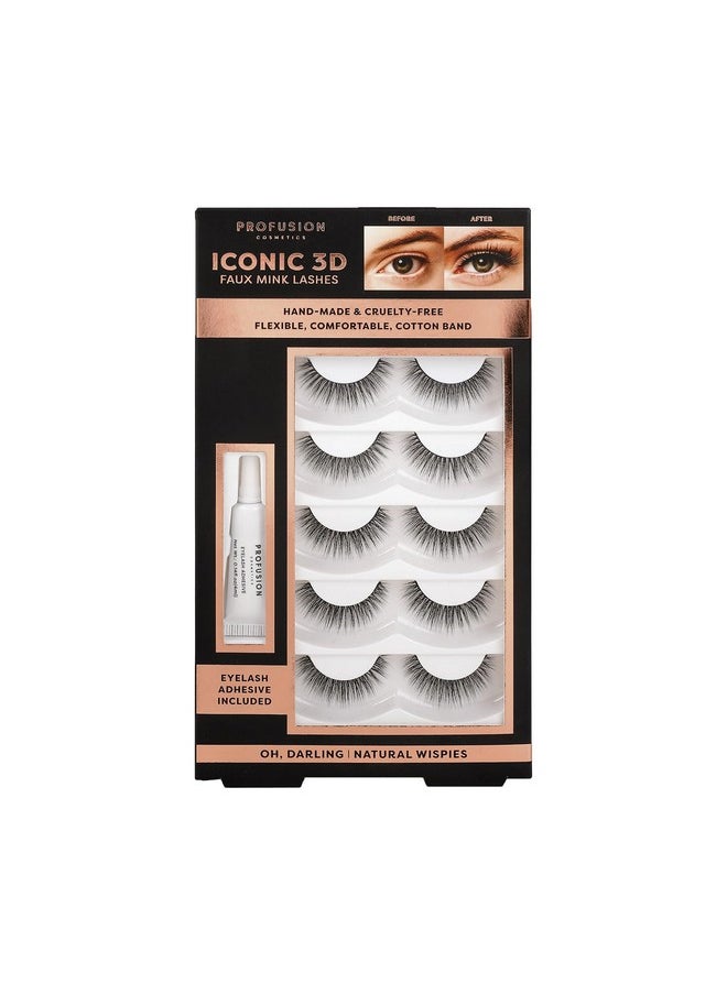 Profusion Cosmetics - Iconic 3D Faux Mink Lash Set Of 5 With Adhesive Cat Eye Lash Wispies Fluffy False Lashes 5 Pairs Soft Reusable Eyelashes Lightweight Natural Wispies - Image 1