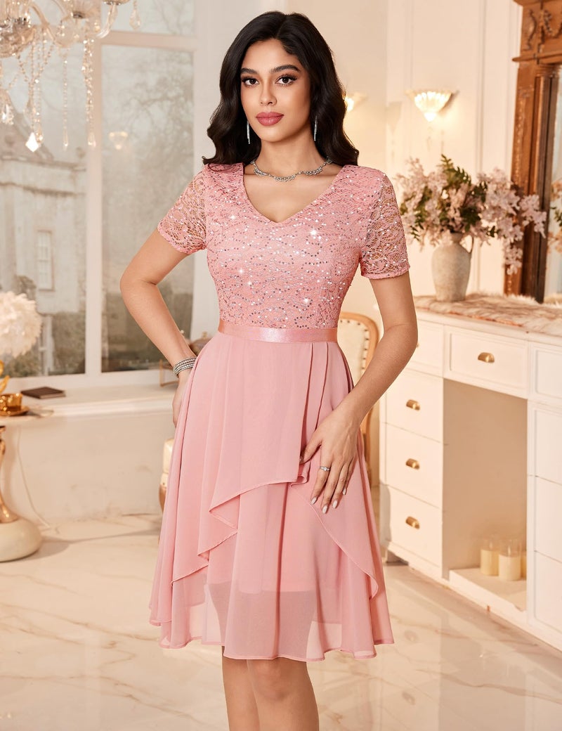 MUADRESS Women's Wedding Guest Dress for Cocktail A-Line Lace Sequin Chiffon Prom Dresses with V-Neck Blush S - Image 3