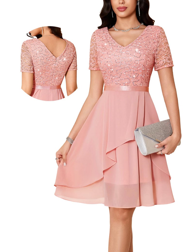 MUADRESS Women's Wedding Guest Dress for Cocktail A-Line Lace Sequin Chiffon Prom Dresses with V-Neck Blush S - Image 1
