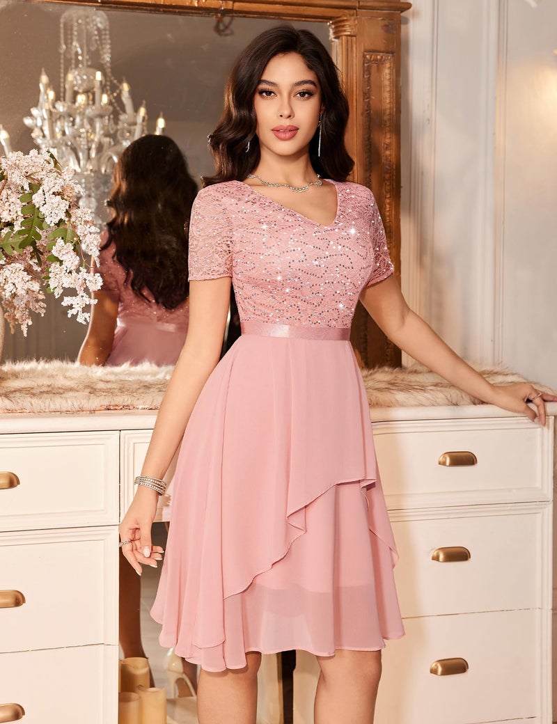 MUADRESS Women's Wedding Guest Dress for Cocktail A-Line Lace Sequin Chiffon Prom Dresses with V-Neck Blush S - Image 2
