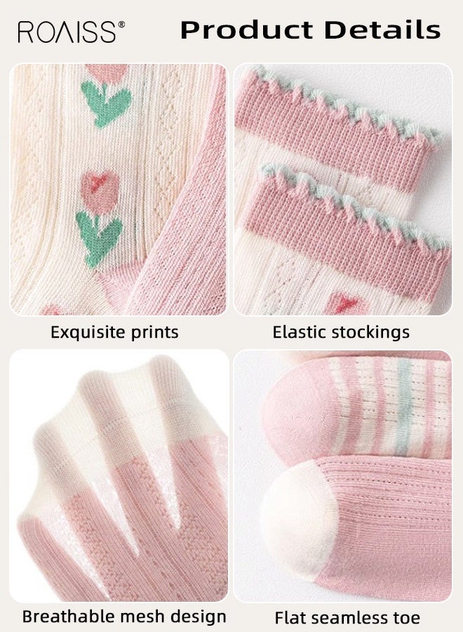 roaiss 5 Pairs Girls Mid-Calf Socks, Comfortable Breathable Mesh Socks Set, Anti-pilling Soft Socks with Adorable Patterns, Thin Middle Tube Socks for Girls - Image 4