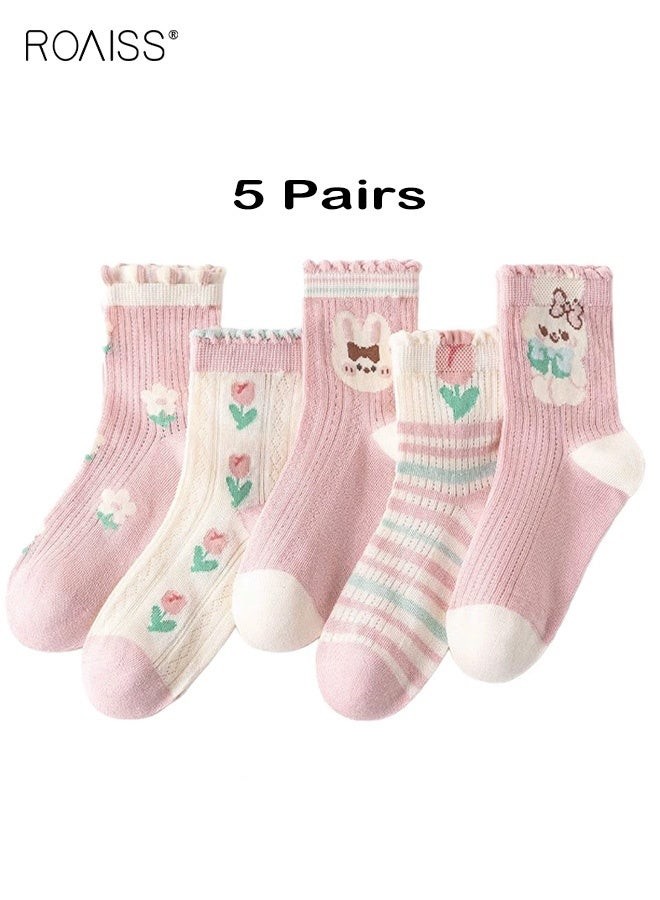 roaiss 5 Pairs Girls Mid-Calf Socks, Comfortable Breathable Mesh Socks Set, Anti-pilling Soft Socks with Adorable Patterns, Thin Middle Tube Socks for Girls - Image 1
