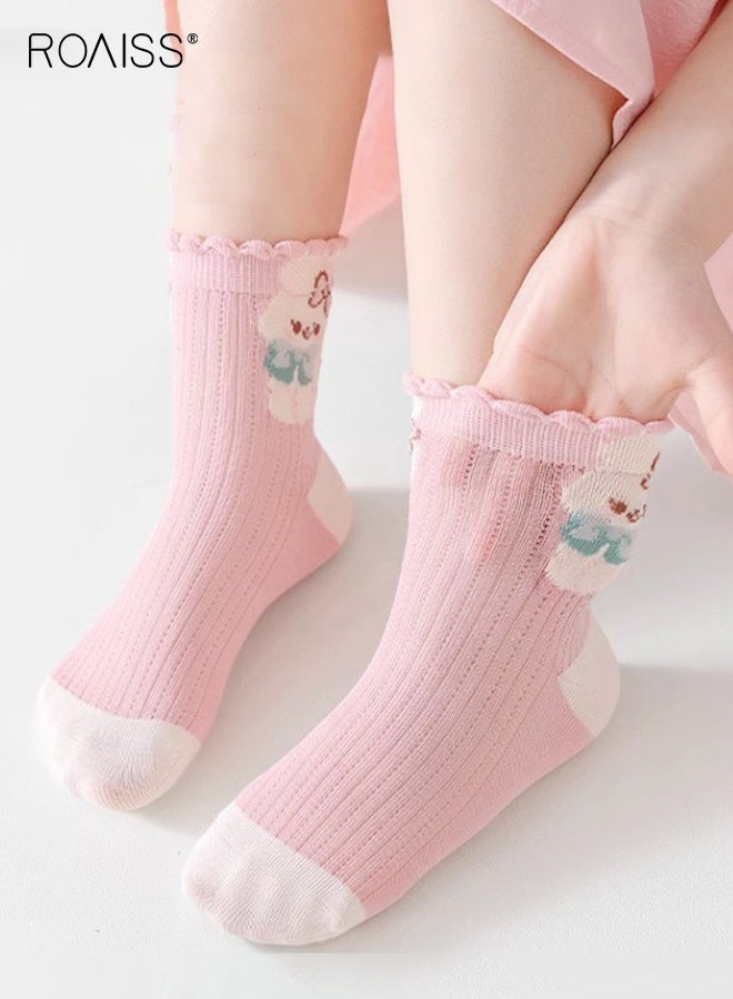 roaiss 5 Pairs Girls Mid-Calf Socks, Comfortable Breathable Mesh Socks Set, Anti-pilling Soft Socks with Adorable Patterns, Thin Middle Tube Socks for Girls - Image 3
