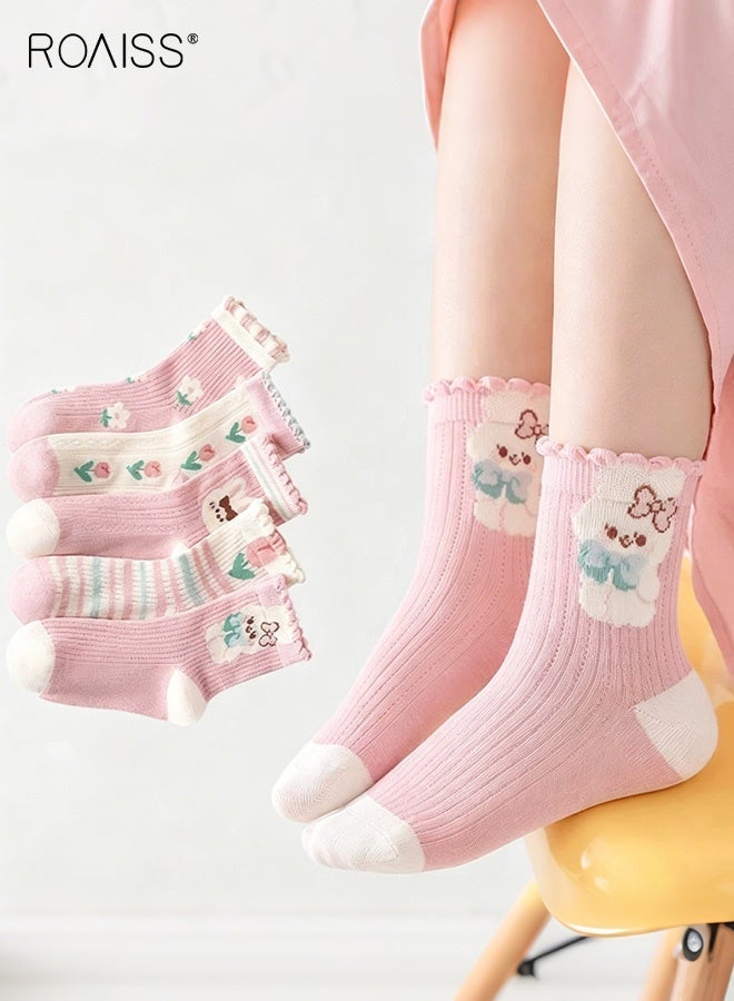 roaiss 5 Pairs Girls Mid-Calf Socks, Comfortable Breathable Mesh Socks Set, Anti-pilling Soft Socks with Adorable Patterns, Thin Middle Tube Socks for Girls - Image 2