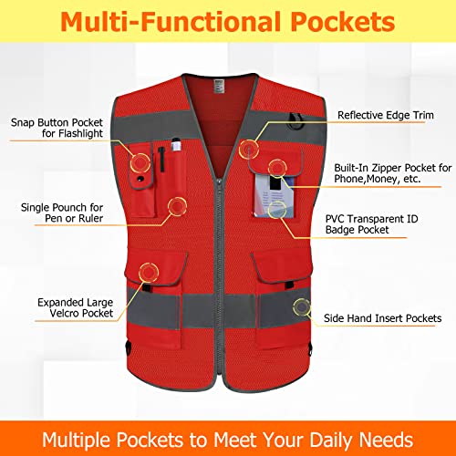 TCCFCCT Mesh Safety Vest for Men Women 9 Pockets High Visibility Reflective Vest for Safety, Work Vest with Reflective Strips, Meets ANSI/ISEA Standards, (Red, X-Large) - Image 3