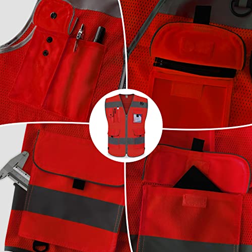 TCCFCCT Mesh Safety Vest for Men Women 9 Pockets High Visibility Reflective Vest for Safety, Work Vest with Reflective Strips, Meets ANSI/ISEA Standards, (Red, X-Large) - Image 4