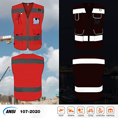 TCCFCCT Mesh Safety Vest for Men Women 9 Pockets High Visibility Reflective Vest for Safety, Work Vest with Reflective Strips, Meets ANSI/ISEA Standards, (Red, X-Large) - Image 2