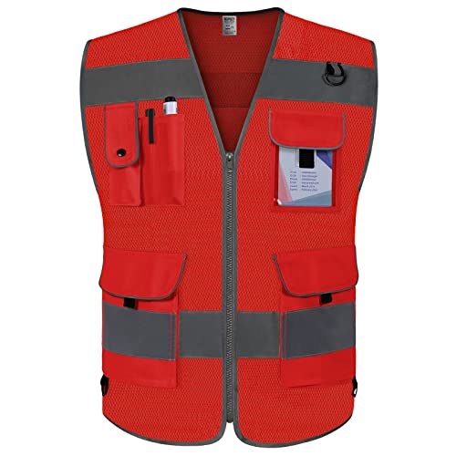 TCCFCCT Mesh Safety Vest for Men Women 9 Pockets High Visibility Reflective Vest for Safety, Work Vest with Reflective Strips, Meets ANSI/ISEA Standards, (Red, X-Large) - Image 5
