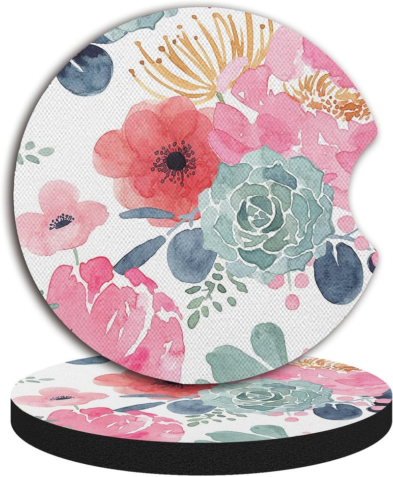 Adastrah Watercolor Floral Car Coaster for Cup Holders,Car Accessories for Women,2pcs 2.75inch Universal Anti Slip Car Assecories,Car Cup Holder with A Finger Notch - Image 5