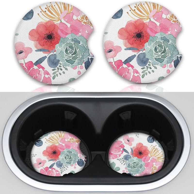 Adastrah Watercolor Floral Car Coaster for Cup Holders,Car Accessories for Women,2pcs 2.75inch Universal Anti Slip Car Assecories,Car Cup Holder with A Finger Notch - Image 1