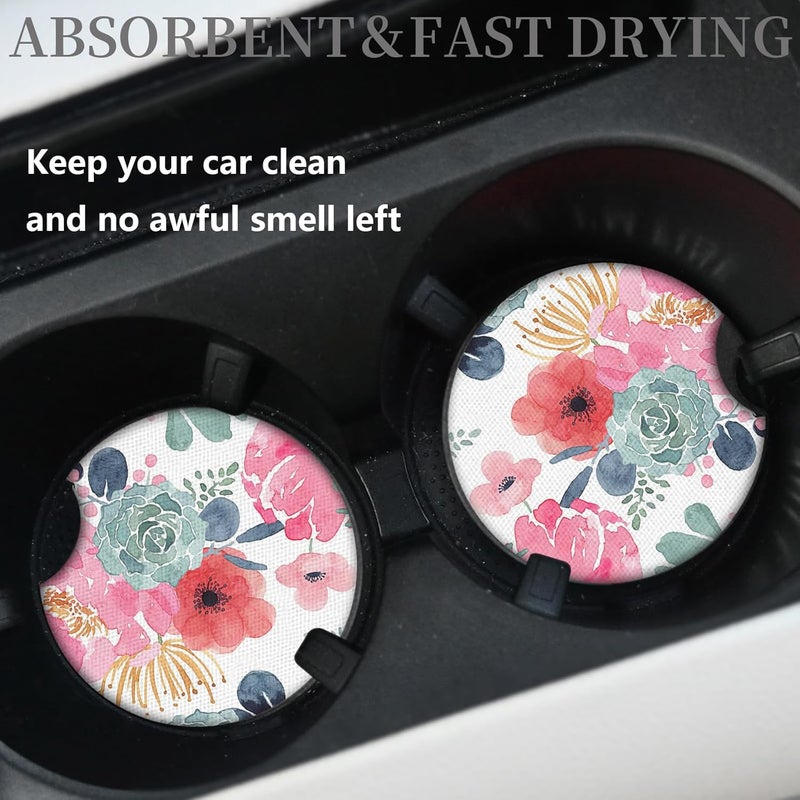 Adastrah Watercolor Floral Car Coaster for Cup Holders,Car Accessories for Women,2pcs 2.75inch Universal Anti Slip Car Assecories,Car Cup Holder with A Finger Notch - Image 2