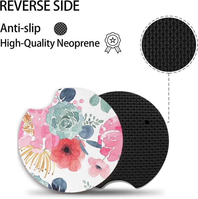 Adastrah Watercolor Floral Car Coaster for Cup Holders,Car Accessories for Women,2pcs 2.75inch Universal Anti Slip Car Assecories,Car Cup Holder with A Finger Notch - Image 3