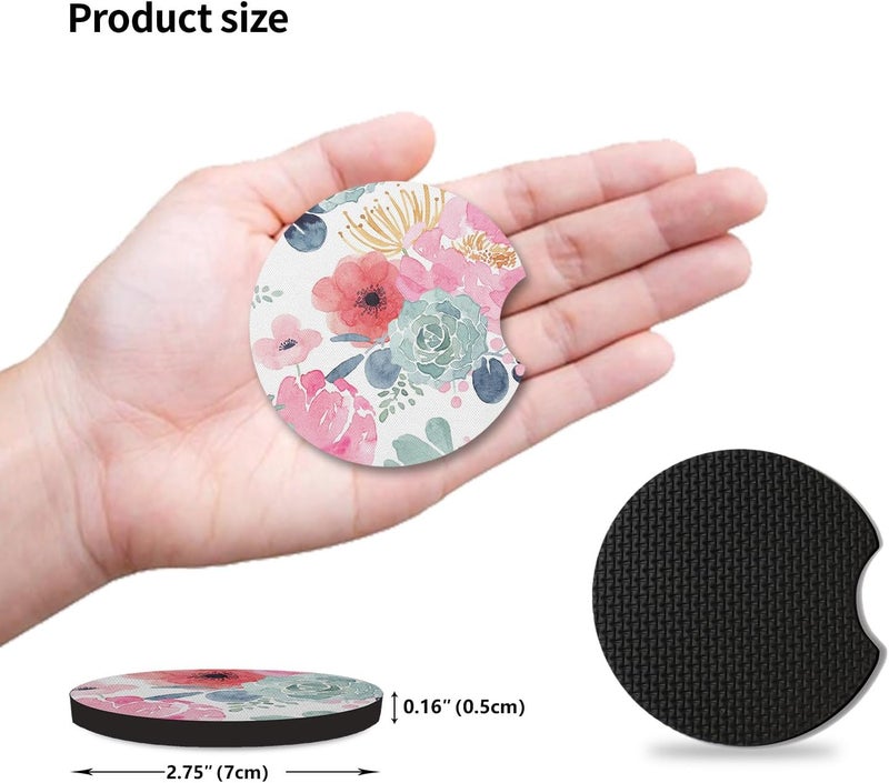 Adastrah Watercolor Floral Car Coaster for Cup Holders,Car Accessories for Women,2pcs 2.75inch Universal Anti Slip Car Assecories,Car Cup Holder with A Finger Notch - Image 4