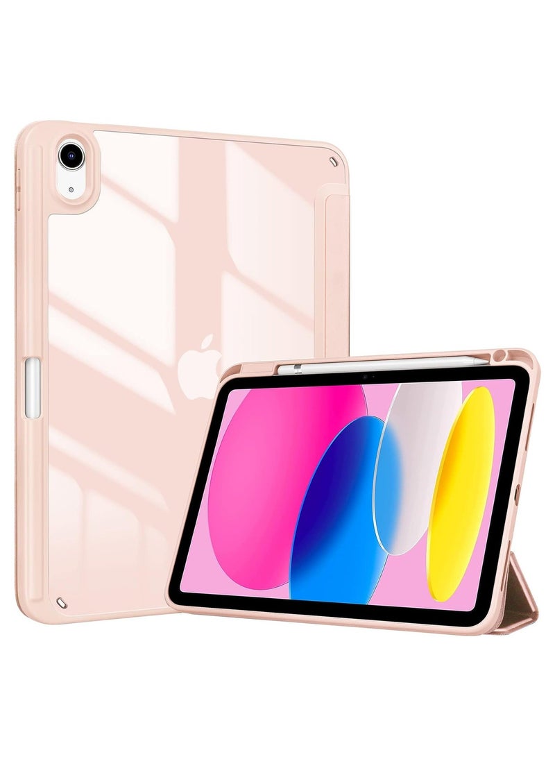 Raxoom iPad 10.9 Inch 10th Gen Case with Pencil Holder 2022 Clear Transparent Back Shell Trifold Protective cover Shockproof Cover for 2022 iPad 10th Gen A2696 A2757 A2777 Pink - Image 1