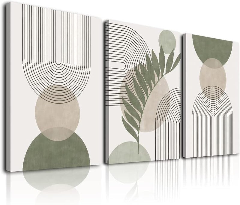 Classic trendy design picks Sage Green Boho Wall Art Set of 3, Minimalist Framed Wall Art Geometric Line Leaf Sun Moon Beige Green Canvas Artwork Paintings, Abstract Botanical Boho Room Decor, Sage Green Wall Posters & Prints One piece build
