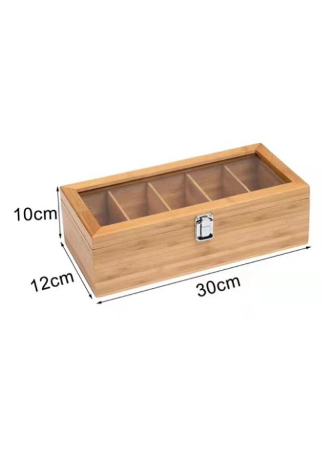 FLYROAD Tea Box Tea Bag Organizer, 5 Compartments Wood Tea Storage Box Holder with Clear Lid, Tea Chest Container Rustic Tea Organizer for Tea Bags, Coffee Pods, Sugar  - Image 2